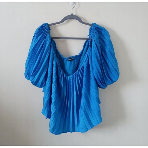 Express Pleasted Blouse Top Off The Shoulder Balloon Sleeve Cobalt Blue XL - Picture 1 of 7